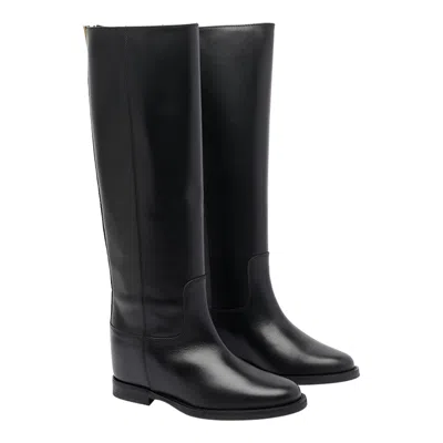 Via Roma 15 Knee-high Calfskin Boots With Gold-tone Accent In Black