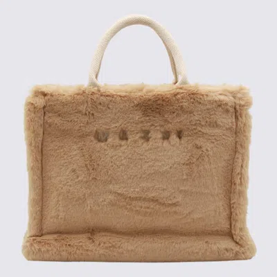 Marni Small Rectangular Basket Bag With Plush Faux Fur Fabric In Neutral