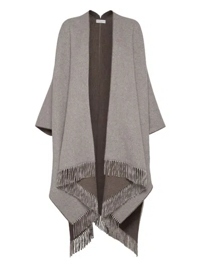 Brunello Cucinelli Herringbone-pattern Fringed Poncho In Brown