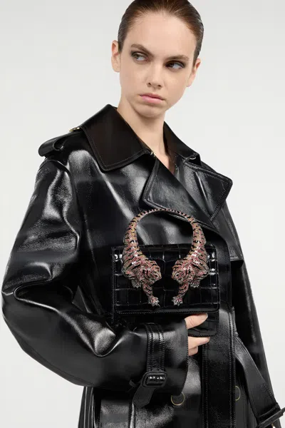 Roberto Cavalli Crocodile Texture Cross-body Bag With Chain Strap In Black