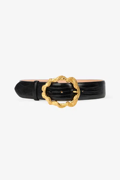 Roberto Cavalli Black Belt With Cobra Print And Snake Buckle In Black