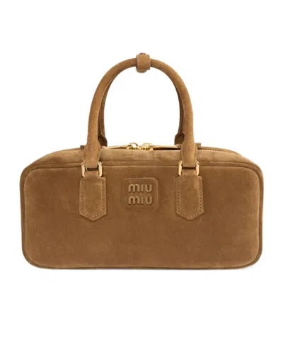 Miu Miu Arcadie Suede Leather Satchel With Padding In Brown