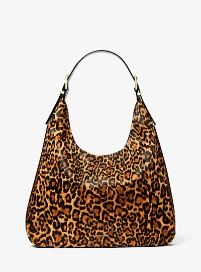 Michael Kors Nolita Large Leopard Print Calf Hair Hobo Shoulder Bag In Yellow