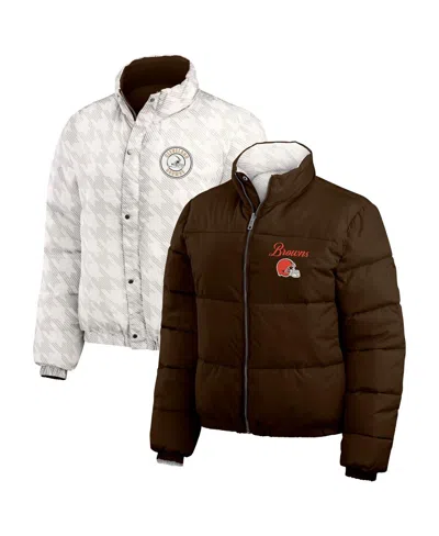 Wear By Erin Andrews Women's Brown/white Cleveland Browns Reversible Cropped Full-zip Puffer Jacket In Multi