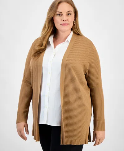 Jones New York Plus Size Open-front Long-sleeve Cardigan In Brown