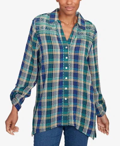Ruby Rd. Petite Embroidered Plaid Button Down Top In Green