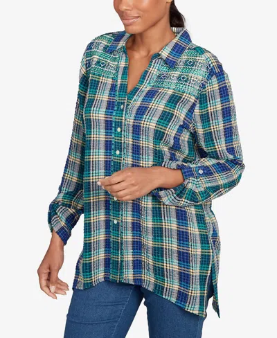Ruby Rd. Petite Embroidered Plaid Button Down Top In Green