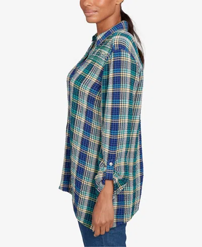 Ruby Rd. Petite Embroidered Plaid Button Down Top In Green