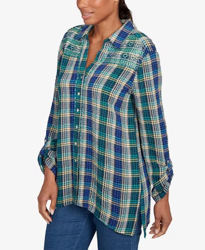 Ruby Rd. Petite Embroidered Plaid Button Down Top In Green
