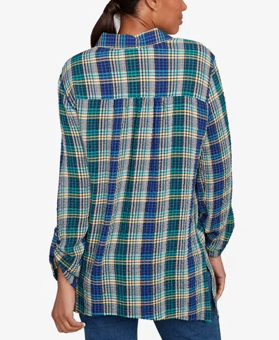 Ruby Rd. Petite Embroidered Plaid Button Down Top In Green