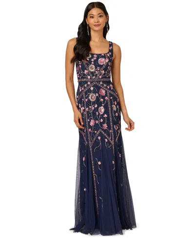 Adrianna Papell Women's Beaded Godet Square Neck Dress In Blue