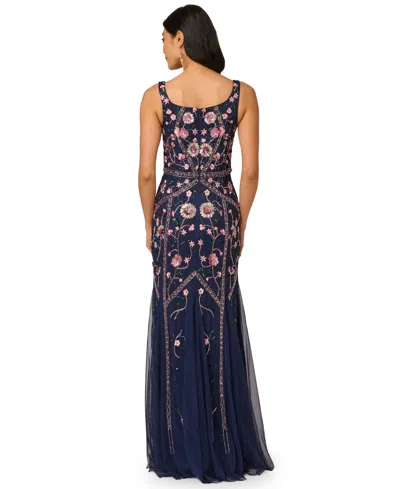 Adrianna Papell Women's Beaded Godet Square Neck Dress In Blue