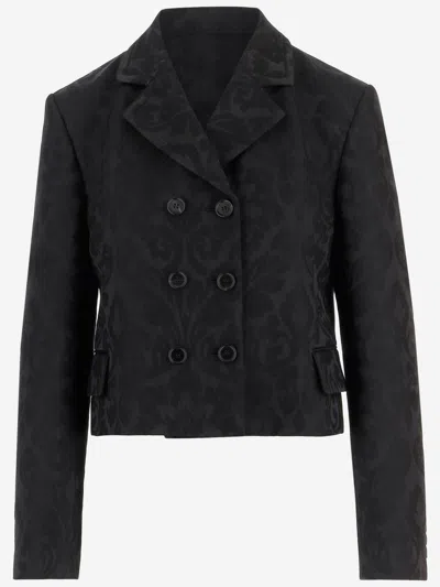 Chloé Double Breasted Floral Jacquard Wool Blend Crop Jacket In Black