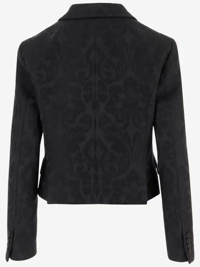 Chloé Double Breasted Floral Jacquard Wool Blend Crop Jacket In Black