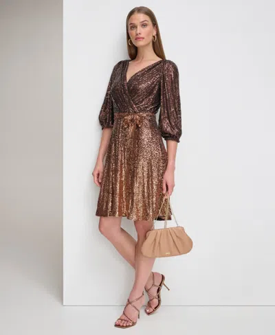 Dkny Petite Ombre Sequined Faux-wrap Dress In Brown