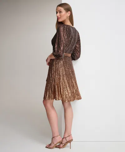 Dkny Petite Ombre Sequined Faux-wrap Dress In Brown