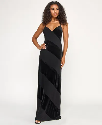 City Studios Juniors' Low-back Velvet Panel Long Slip Dress In Black