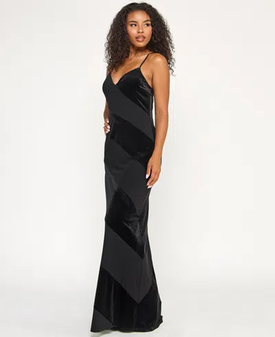 City Studios Juniors' Low-back Velvet Panel Long Slip Dress In Black