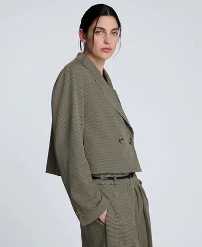 Kenneth Cole Houndstooth Cropped Double Breasted Jacket In Green