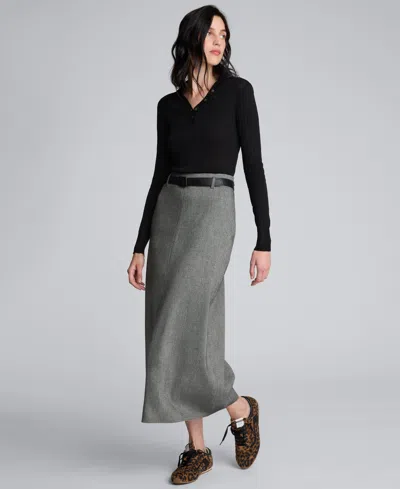 Kenneth Cole Herringbone Slit Front Belted Midi Skirt In Gray