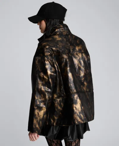 Kenneth Cole Animal Foiled Satin Lightweight Seamed Puffer Jacket In Black