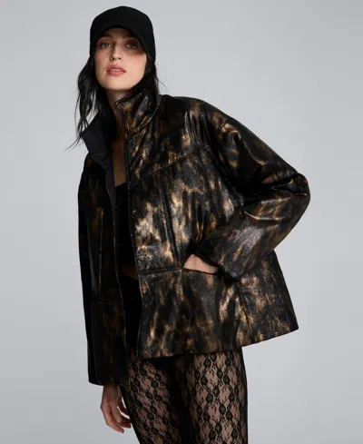 Kenneth Cole Animal Foiled Satin Lightweight Seamed Puffer Jacket In Black