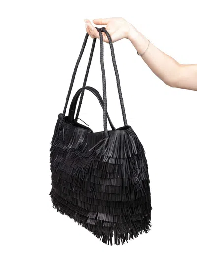 Visonà Fringe-edges Leather Tote Bag In Black