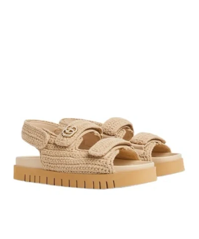 Gucci Women Beige Crochet Sandals In Sand