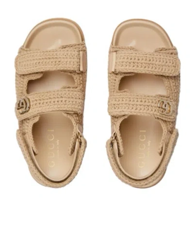 Gucci Women Beige Crochet Sandals In Sand
