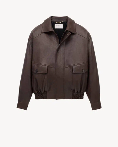 Saint Laurent Balloon Lambskin Leather Bomber Jacket In Brown