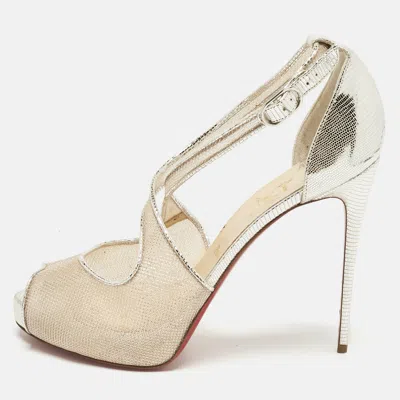 Pre-owned Christian Louboutin Silver Leather And Mesh Mariacar Ankle Strap Sandals Size 41