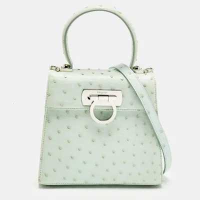 Pre-owned Ferragamo Ghiacciaio Blue Aura Ostrich Small Iconic Top Handle Bag In Green