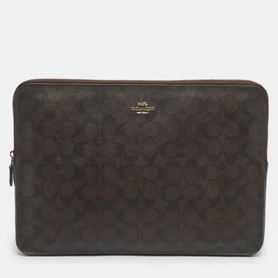 Pre-owned Coach Brown/black Signature Coated Canvas Laptop Case Sleeve