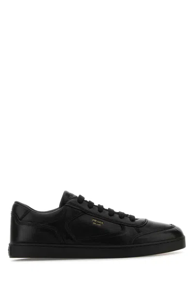 Prada Leather Sneakers With Flat Sole And Round Toe In Black