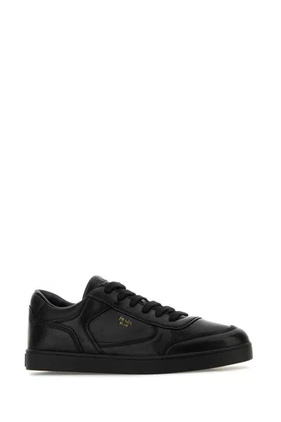Prada Leather Sneakers With Flat Sole And Round Toe In Black
