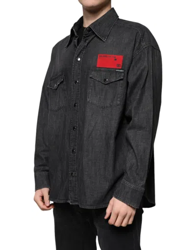Dolce & Gabbana Black Logo Cotton Button Down Denim Men's Shirt In Black