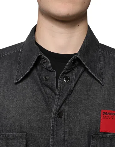 Dolce & Gabbana Black Logo Cotton Button Down Denim Men's Shirt In Black