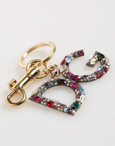 Dolce & Gabbana Multicolor Crystal Dg Logo Gold Keychain Charm Keyring In Gold