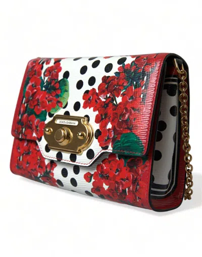 Dolce & Gabbana Red Floral Polka Dot Print Leather Chain Dg Logo Shoulder  Women's Bag