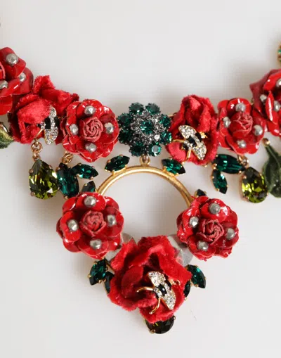 Dolce & Gabbana Red Rose Floral Crystal Embellished Statement Jewelry Necklace In Gold