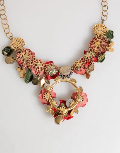Dolce & Gabbana Red Rose Floral Crystal Embellished Statement Jewelry Necklace In Gold