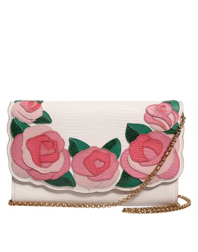 Dolce & Gabbana White Floral Leather Wallet Crossbody Gold Chain Bag In Pink