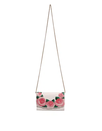 Dolce & Gabbana White Floral Leather Wallet Crossbody Gold Chain Bag In Pink