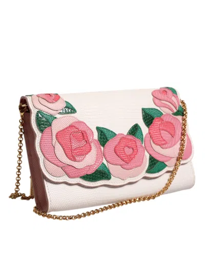 Dolce & Gabbana White Floral Leather Wallet Crossbody Gold Chain Bag In Pink