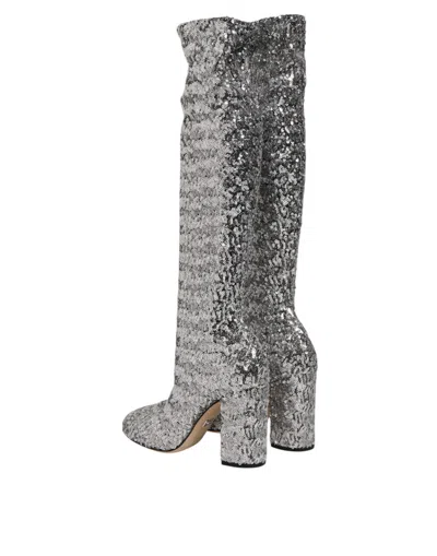 Dolce & Gabbana Shoes Silver Sequins Glitter High Heel Boot Shoes In Silver