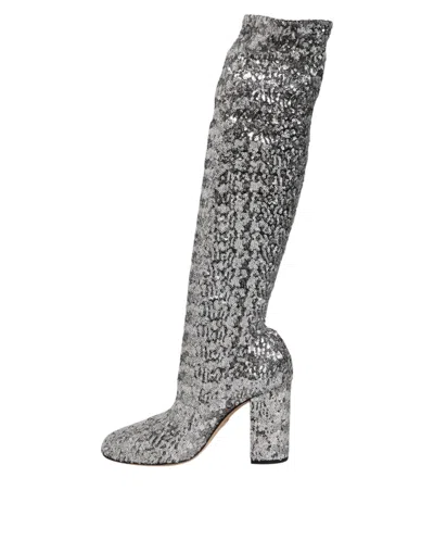 Dolce & Gabbana Shoes Silver Sequins Glitter High Heel Boot Shoes In Silver