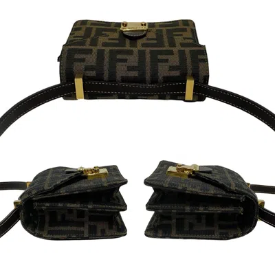 Pre-owned Fendi Black Brown Khaki Canvas Leather Pochette Shoulder Bag ()