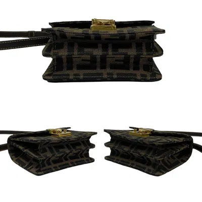 Pre-owned Fendi Black Brown Khaki Canvas Leather Pochette Shoulder Bag ()