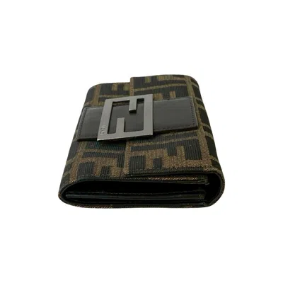 Pre-owned Fendi Black Brown Khaki Canvas Leather Wallet (bi-fold) () In Multi