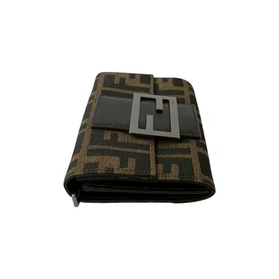 Pre-owned Fendi Black Brown Khaki Canvas Leather Wallet (bi-fold) () In Multi